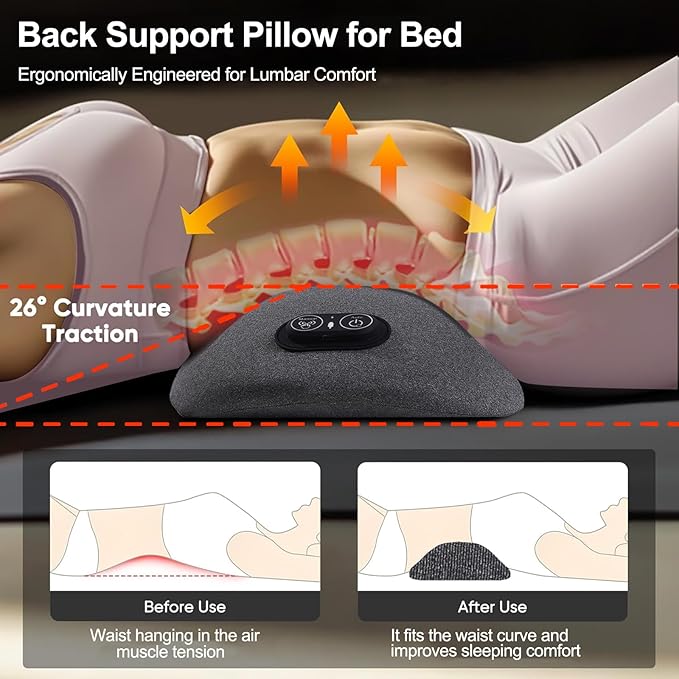 3 in 1 Back Massager Electric Lumbar Support Pillow Heat Vibration Massage Lower Back Spine Decompression Device Light Gray