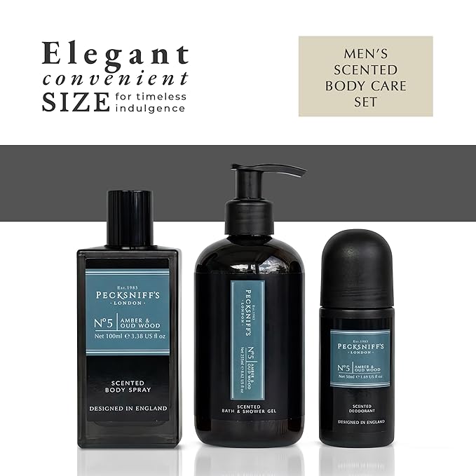 Pecksniff’s Men’s Essentials Body Trio Gift Set – Amber &amp Oud Wood – Bath &amp Shower Gel 250ml Body Spray 100ml Deodorant 50ml
