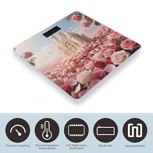 Rose Flower Sea with Castle Weight Scale Cute Bathroom Scale for Body Highly Accurate Digital Weighing Machine for People Compact LCD Display Scales with Sturdy Toughened Glass Scales