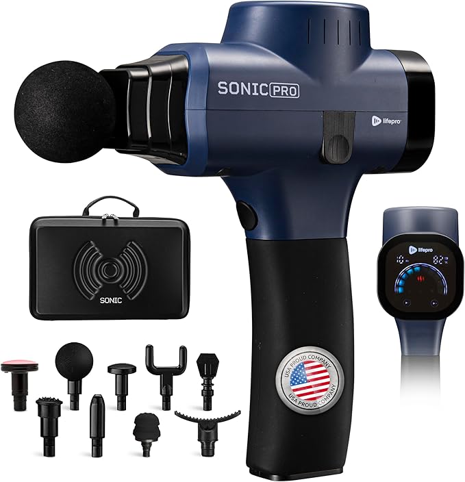 LifePro Sonic Pro Handheld Electric Massage Gun – Deep Tissue Percussion Massager Gun with 10 Speeds &amp 9 Heads – Muscle Massager for Athletes Back Legs Arms