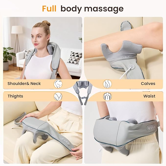 4D Wireless Deep Tissue Kneading Neck Massager with Heating Function Shiatsu and Shoulder Massage PillowBack and Leg Pain Relief Body Muscle Pain Relief Perfect Gifts for Men Women. (Grey)