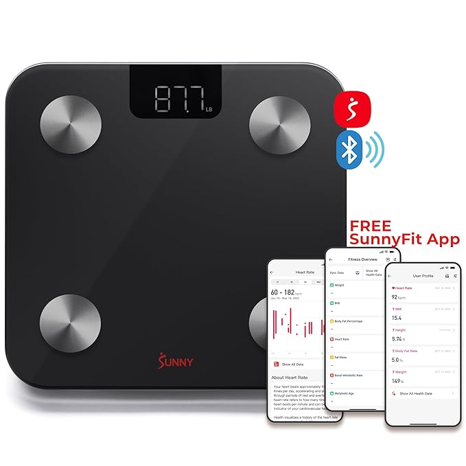 Sunny Health &amp Fitness 20 Metric Advanced Body Fat Composition BMI Scale with Health Tracker &amp Analyzer App - Smart Bathroom Scale for Body Weight Metabolic Age BMR Fat Mass and More – SF-W