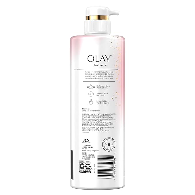 Olay Body Wash for Women Intensely Hydrating Hyaluronic Acid Serum Complex Renews Moisture Free of Parabens &amp Phthalates Vitamin B3 Lameller Technology For All Skin Types 20 fl oz (Pack of