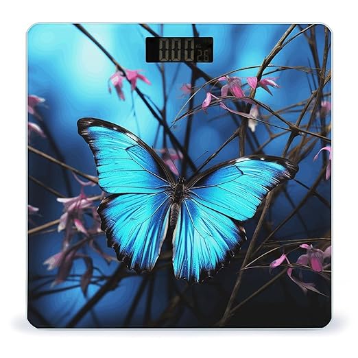 Blue Butterfly and Bamboo Bathroom Scale Rounded Smart Scale for Body Weight Automatic Power On/Off Weight Scales Accurate Bathroom Digital Scales for Pet Home Bedroom Kitchen