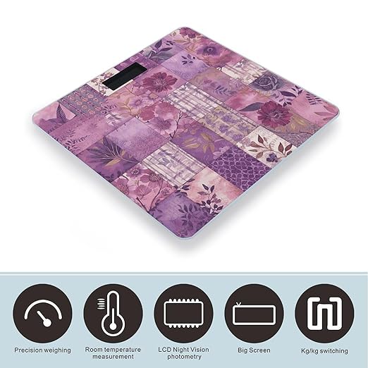 Purple Flowers Collage Scale for Body Weight Anti-Slip Digital Bathroom Scale Sturdy Toughened Glass Weighing Scales High Precision Safe Rounded Corners Smart Scales