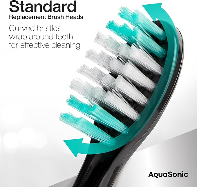 AquaSonic Genuine Standard Replacement Brush Heads | ADA Accepted | for Normal &amp Sensitive Teeth | Compatible with Many AquaSonic Toothbrush Handles (8 Pack Black)