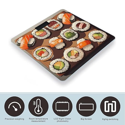 Many Sushi Food Bathroom Scale Automatic Power On/Off Body Scales LCD Backlight Display Square Digital Scale Rounded Corners Bathroom Scales for Home Bedrooms