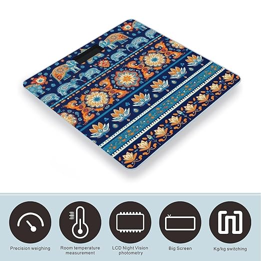 Smart Scale for Body Weight Digital Bathroom Weighing Scale Energy Saving Scale Indian Rug Paisley Ethnic Mandala Elephant