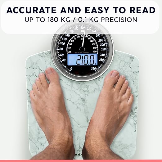 Adamson Hybrid 2-in-1 Analog &amp Digital Weighing Scale for Body Weight up to 400lbs - Thick Tempered Glass - Extra Large Display - Easy to Read Digital Bathroom Scale - New - Marble White