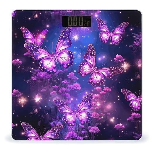 Purple Cute Butterfly Print Digital Bathroom Scale for Body Weight Weighing Scale with Backlit LCD Display High Precision Measurements &amp Measures Weight Up to 180kg