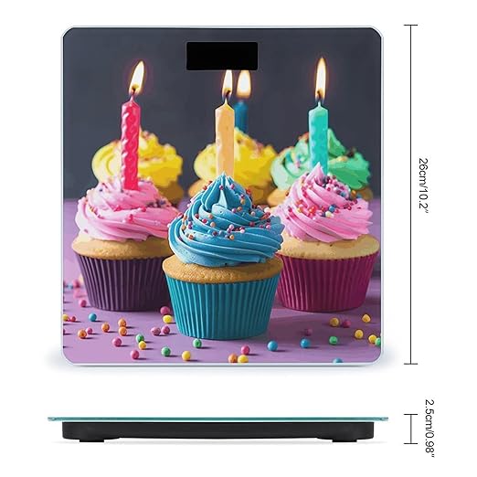 Colorful Happy Birthday Cupcakes Bathroom Scale Weight Scale for Body WeightHighly Accurate Digital Weighing Machine Clear LED Display Digital Bathroom Body Scale 400lb/182kg