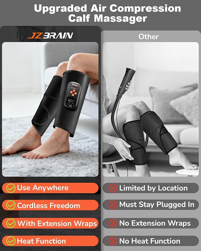 Air Compression Leg Massager with Heat : Sequential Calf Massager with 5 Modes 5 Intensity &amp 3 Heat for Circulation and Pain Relief - Rechargeable Calf Compression Device for Fast Recovery