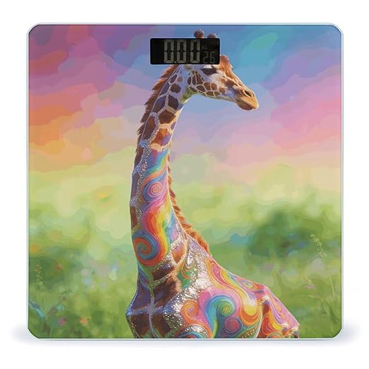 Colorful Artistic Giraffe Weight ScaleClear LED Display Bathroom Digital Weighing ScaleTempered Glass Digital Bathroom Scale for Body Weight Capacity Up to 400 Lbs