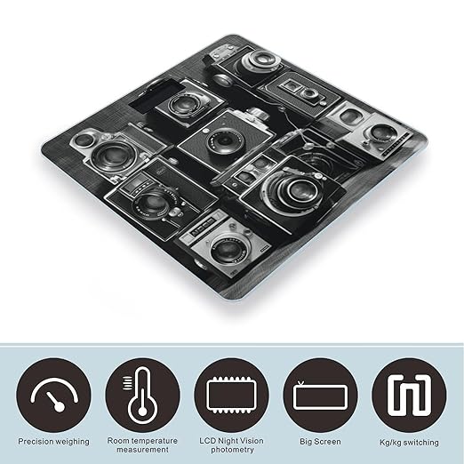 Retro Cool Camera Collection Digital Bathroom Scale for Body Weight with High Precision Digital Weighing Scale with BMI Clear LCD Display and Step-On Measures Weight Up to 180kg