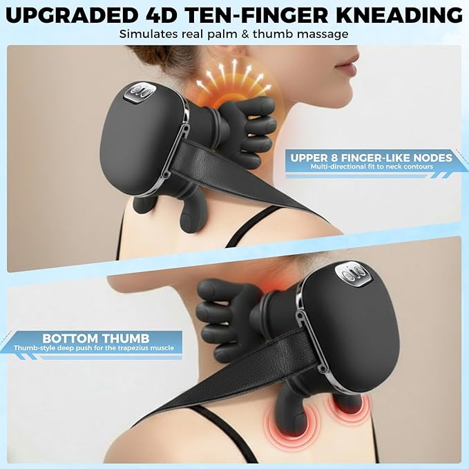 Shoulder &amp Neck Massager with Heat 4D Bionic Heated Neck Massager with Fingers Simulates a Real Palm Massage for Comfort 3 Intensity Levels + 2 Heat Settings Relax Muscle Tension