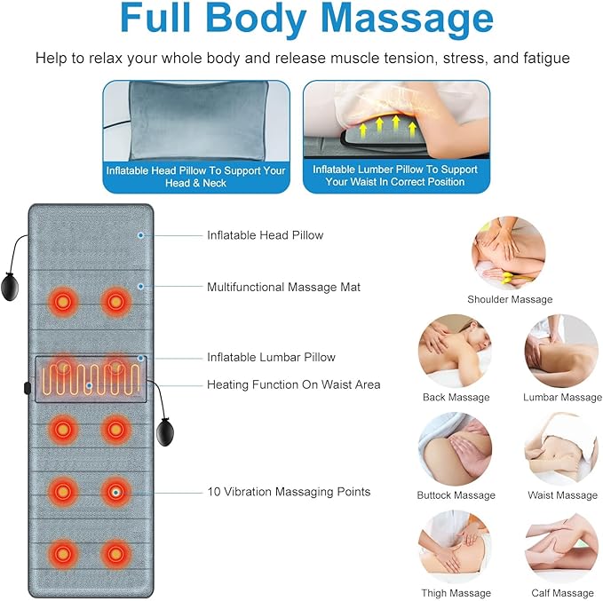 Full Body Electric Massage Mat with Heat Vibration Back Massage Pad Cushion with Inflatable Head Pillow and Lumbar Pillow 10 Vibration Motors 3 Timers