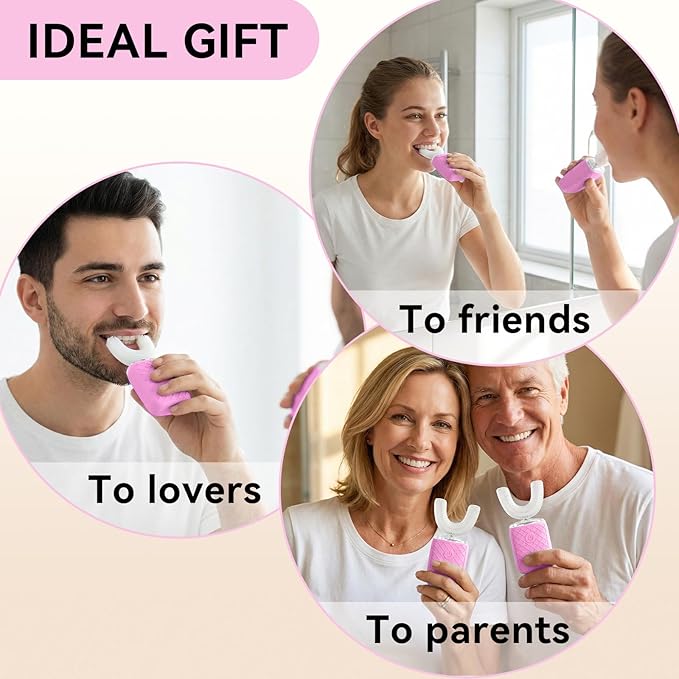 Adult Sonic Automatic Electric Toothbrush 360° Oral Cleaning Stain Whitening IPX7 Waterproof Rechargeable u-Shape Brush Head*3+Straight Handle Brush Head*2 (Pink)