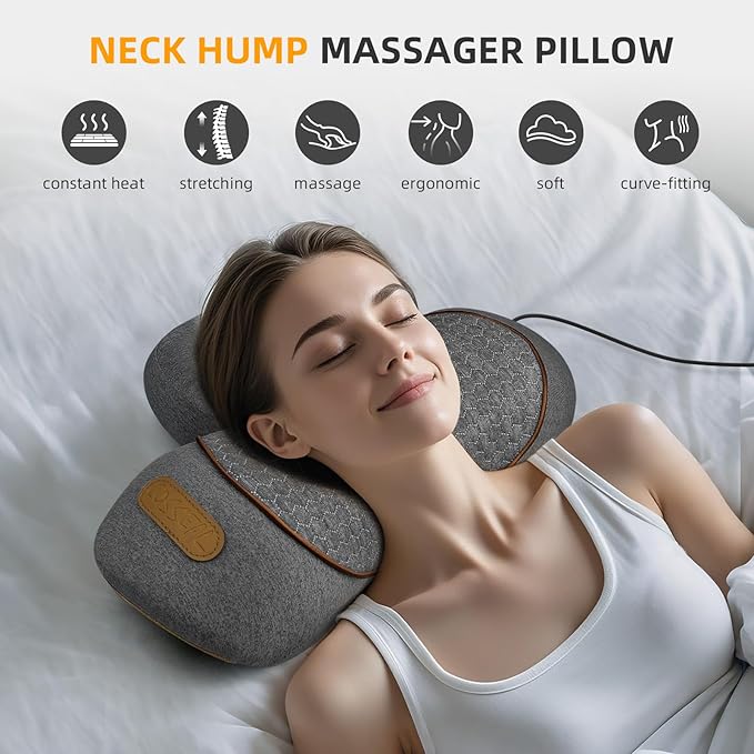 3-in-1 Neck Massager Pillow with Heat &amp Traction Deep Tissue Cervical Traction Device for Neck Hump Corrector Shoulder &amp Upper Back Pain Relief Relaxing TheraPillow Support