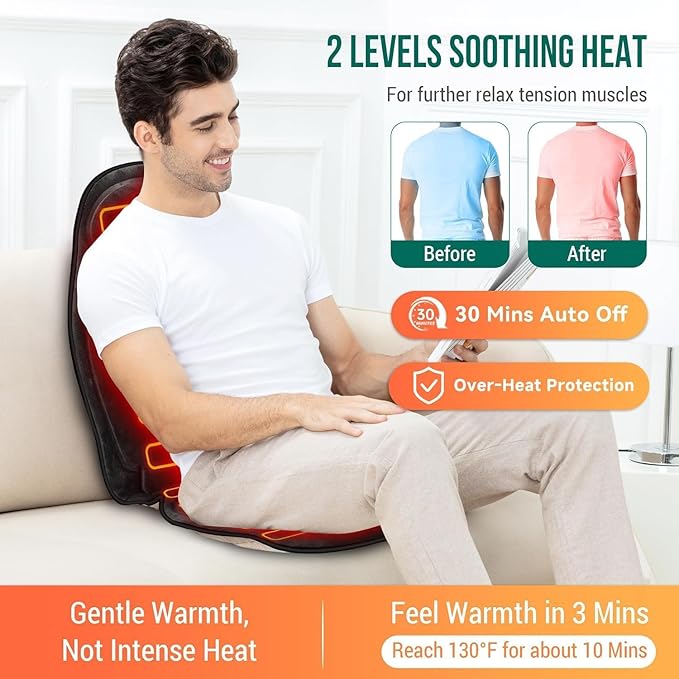 Snailax Vibration Back Massager with Heat Massage Seat Cushion with 6 Vibrating Motors and 2 Heat Levels Massage Chair Pad Seat Massager for Home Office use Gift for Women Men