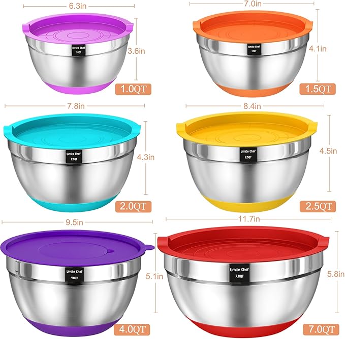 Umite Chef Mixing Bowls with Lids Set 26Pcs Colorful Stainless Steel Bowls Set Nesting Bowls with Grater Attachments Large Kitchen Bowls Set with Non-Slip Bottoms for Mixing &amp Serving