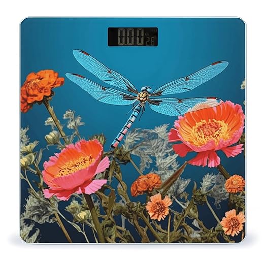 Dragonfly and Flower Bathroom Scale for Body Weight Bathroom Weighing Scale with Backlit LCD Display Highly Accurate Measures Weight Up to 180kg