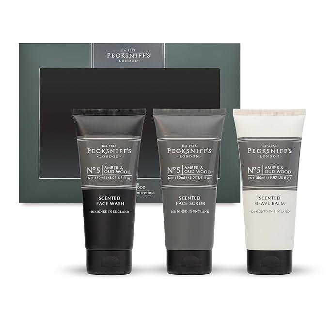 Pecksniff’s Men’s Trio Collection – Amber &amp Oud Wood – Face Wash Scrub &amp Shave Balm Gift Set 3 x 75ml