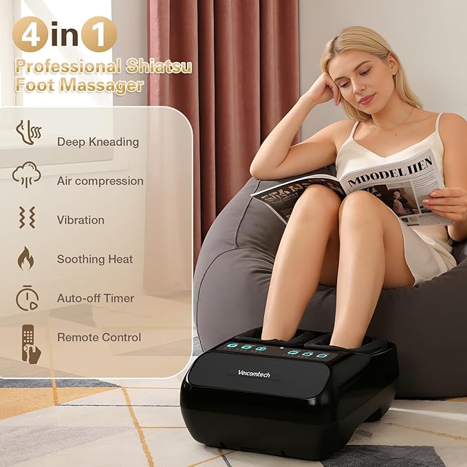 Shiatsu Foot Massager with Heat Electric Foot Massager Machine for Plantar Fasciitis Neuropathy with Remote Control Adjustable Vibration and Compression (Black)