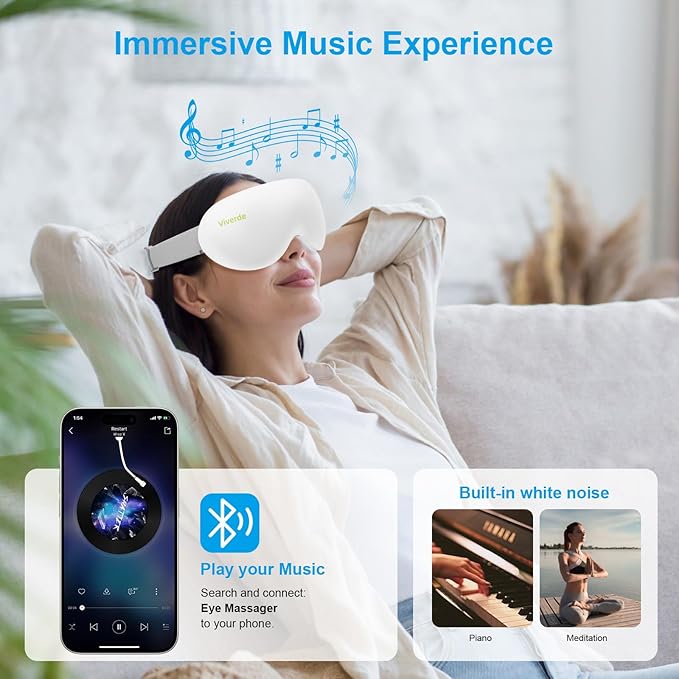 Eye Massager with Heat and Cooling Therapy Vibration &amp Bluetooth Music – 4 Adjustable Modes for Eye Fatigue Relief and Relaxation – Rechargeable Portable 2400mAh Battery