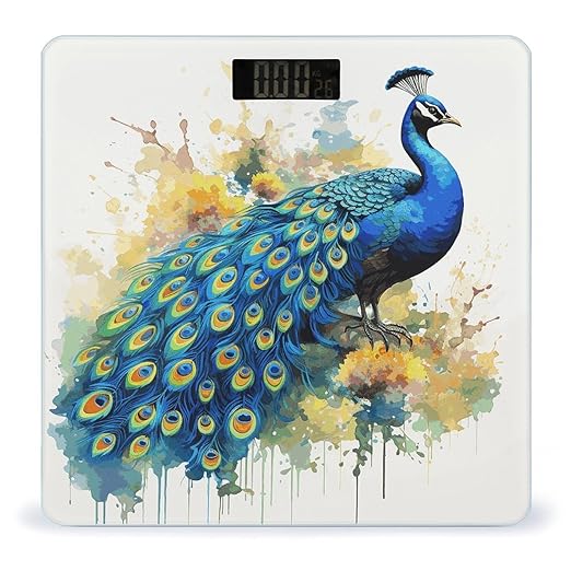 Peacock Watercolor Painting Bathroom Scale for Body Weight Bathroom Weighing Scale with Backlit LCD Display Highly Accurate Measures Weight Up to 180kg