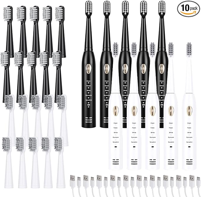 10 Pack Rechargeable Sonic Electric Toothbrush 42000 VPM 6 Cleaning Modes Smart 2-Min Timer USB Rechargeable IPX7 Waterproof 4 Brush Heads
