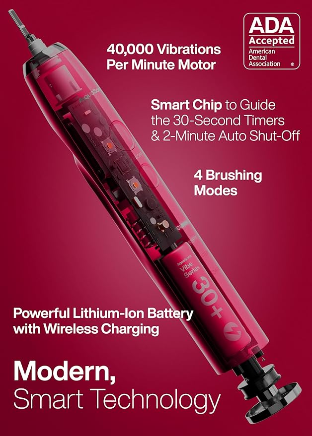 Aquasonic Vibe Series Ultra-Whitening Toothbrush – ADA Accepted Electric Toothbrush - 8 Brush Heads &amp Travel Case – 40000 VPM Motor &amp Wireless Charging - 4 Modes w Smart Timer – Ruby