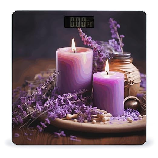 Purple Lavender with Candles Bathroom Scale for Body Weight Bathroom Weighing Scale with Backlit LCD Display Highly Accurate Measures Weight Up to 180kg