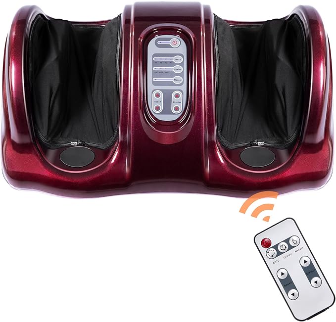RELAX4LIFE Shiatsu Foot Massage Machine Rolling Massager with Remote Control 4 Programs 3 Modes Touch Panel Electric Calf Deep Kneading for Plantar FasciitisTired Muscle Massaging (Burgundy)