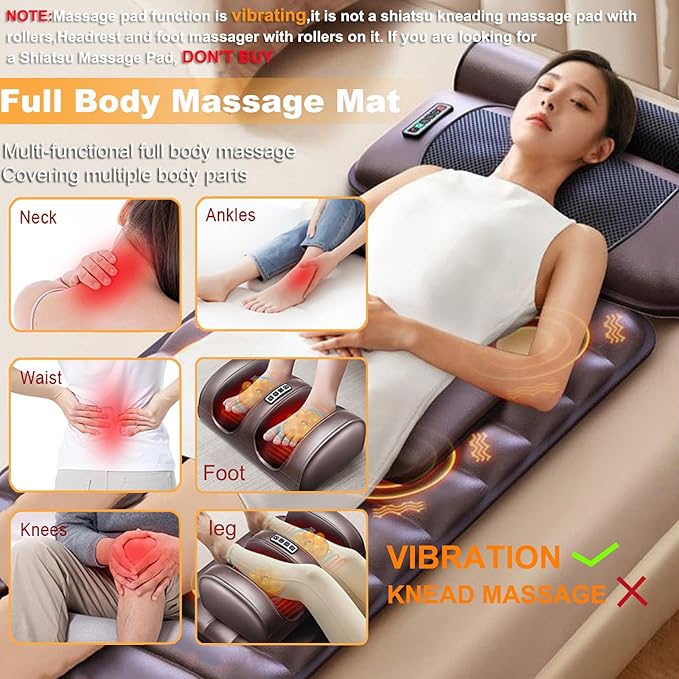 Vibration Massage MatFull Body Vibrating Heating Massage Pad10 Vibration Motors3 Strength Adjustments with Detachable Neck Massage Headrest and Multifunctional LegFoot Massagersfor Home Office