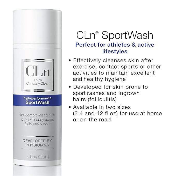 CLn® SportWash – High-Performance Sport Body Wash For Men &amp Women Prone to Body Odor Foot Odor Ringworm Folliculitis &amp Back Acne Fragrance-Free &amp Paraben-Free 3.4 fl. oz.