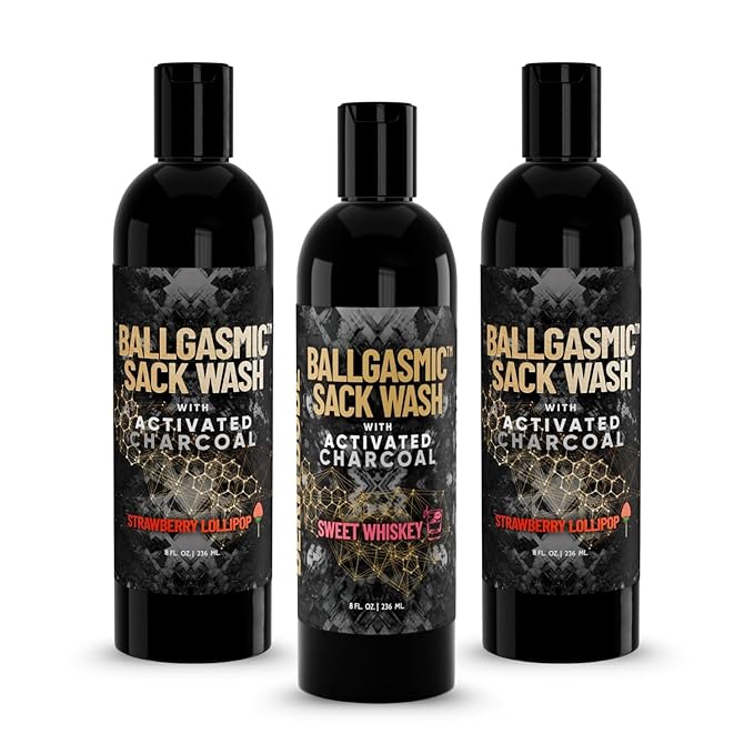 Derm Dude BallGasmic Ball Wash Men’s Grooming Bundle – Strawberry Fresh (2 Pack) + Sweet Whiskey (1 Pack) | Charcoal Groin Wash for Odor Defense Comfort &amp Daily Use – 3 x 8oz