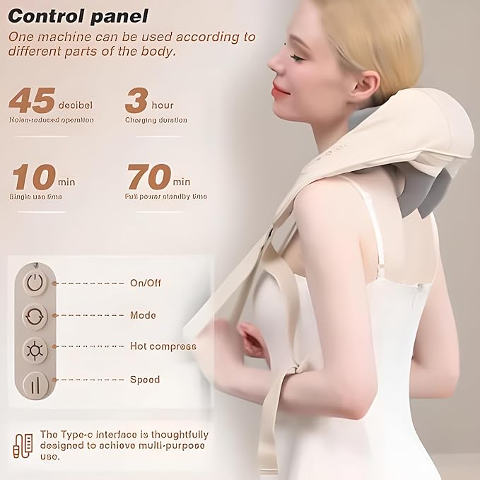 Virexo Neck and Shoulder Massager Shiatsu with Deep Kneading and Heat Cordless Relaxing Muscle Massage Beige
