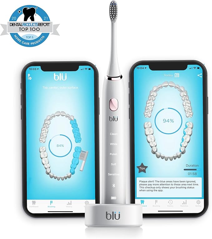 Blu Smart Electric Toothbrush Power Sonic Toothbrush with Interactive Live Tracking App for Adults (White)