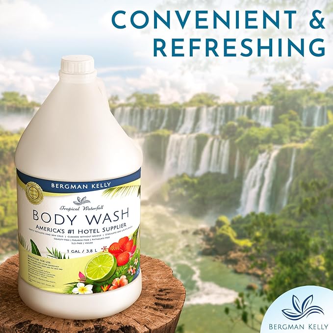 BERGMAN KELLY Refill Gallon Size Body Wash (128 fl oz Tropical Waterfall Scent) Delight Your Guests with an Invigorating and Refreshing Body Wash Quality Guest Hotel Toiletries in Bulk