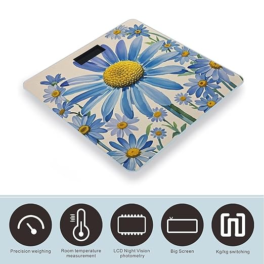 Blue Flower Watercolor Daisy Smart Scale for Body Weight Accurate Bathroom Scale with LED Display Digital Weight Scales Weighing Machine High Precision Scales for Bath Home