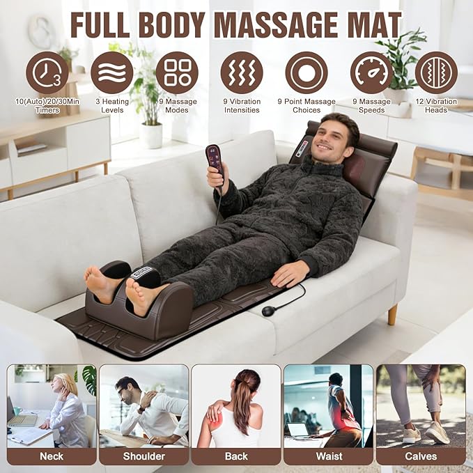 Full Body Massage Mat with Heat Detachable Shiatsu Neck and Foot Massager Vibration Massage Mat for Back Pain Relief 9 Modes 3 Timers Inflatable Lumbar Pillow Home Office Gift for Men Women