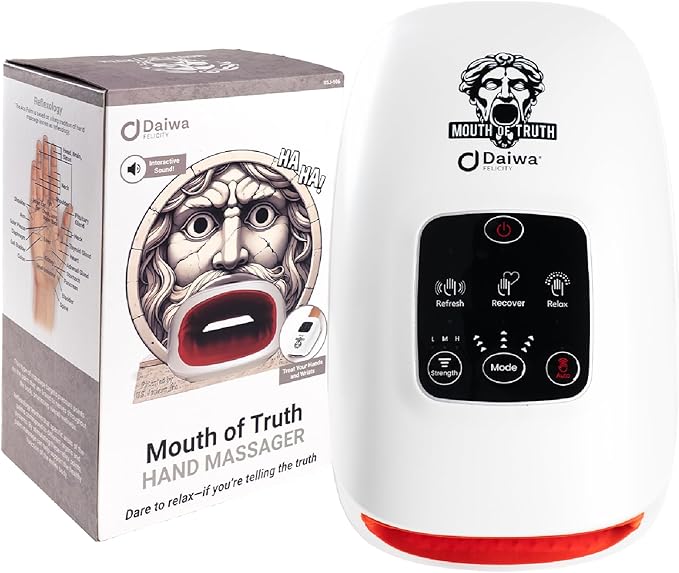 Daiwa Felicity Mouth of Truth Hand Massager – Air Compression Reflexology Cordless with 3 Massage Modes Portable Pain Relief for Hands &amp Circulation Playful Laugh Sound