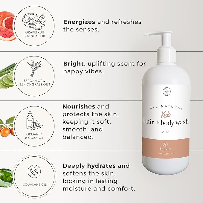 Rowe Casa Organics 2-in-1 Kids Hair &amp Body Wash with Therapeutic Essential Oils – Fruity Kids Shampoo &amp Body Wash with Sweet Bright &amp Uplifting Scent – 16 Fl. Oz