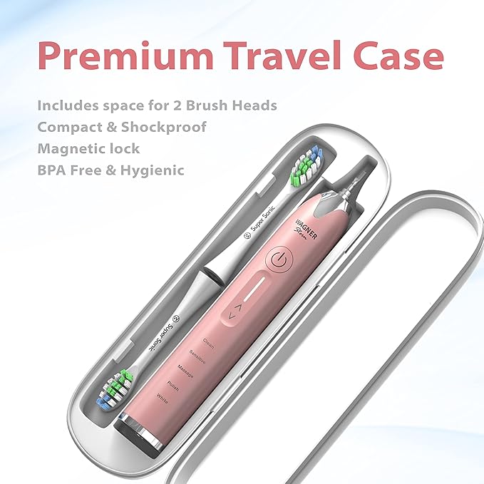 Wagner Stern Ultrasonic whitening Toothbrush with Pressure Sensor. 5 Brushing Modes and 4 Levels of Intensity 8 Soft bristles Travel case.