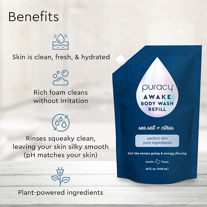 Puracy Natural Body Wash Refill 98.6% Pure Plant Ingredients Shower Gel (Citrus &amp Sea Salt 48 oz) Natural Dry Shampoo for Women Plant-Powered Cleansing Volumizing Dry Shampoo (Citrus &amp Jasmi