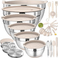 Mixing Bowls with Airtight Lids Set 26PCS Stainless Steel Khaki Bowls with Grater Attachments Non-Slip Bottoms &amp Kitchen Gadgets Set Size 7 4 2.5 2.01.5 1QT Great for Mixing &amp Serving