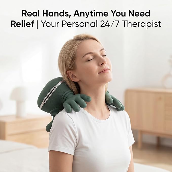 Neck Massager with Heat Portable Shoulder &amp Back Cordless Deep-Tissue Kneading Quiet Brushless Motor Adjustable Strap USB-C Rechargeable Non-Slip Grip Home/Office/Travel – Green