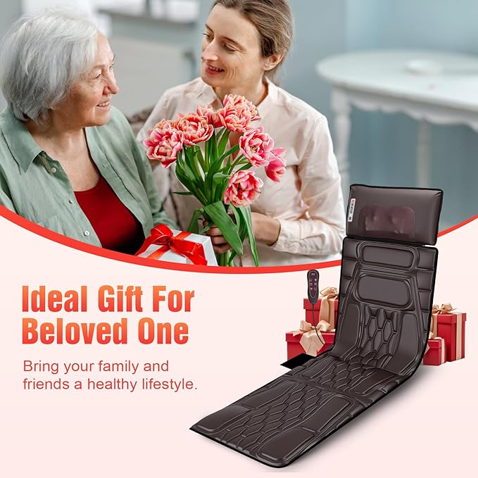 Full Body Massage Mat with Heat 12 Vibration Nodes Massage Chair Pad with 3 Heating Levels Multifunctional Full Body PU Relaxation Seat Back Massager with Head Neck Pillow for Home Office