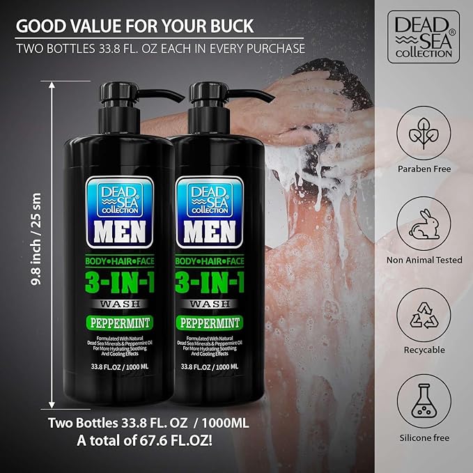 Dead Sea Collection Peppermint Men’s Body Wash – 3 in 1 Body Wash for Men for Hair Face &amp Body – Moisturizing Shower Gel with Dead Sea Minerals – Pack of 2 (33.8 fl oz each)