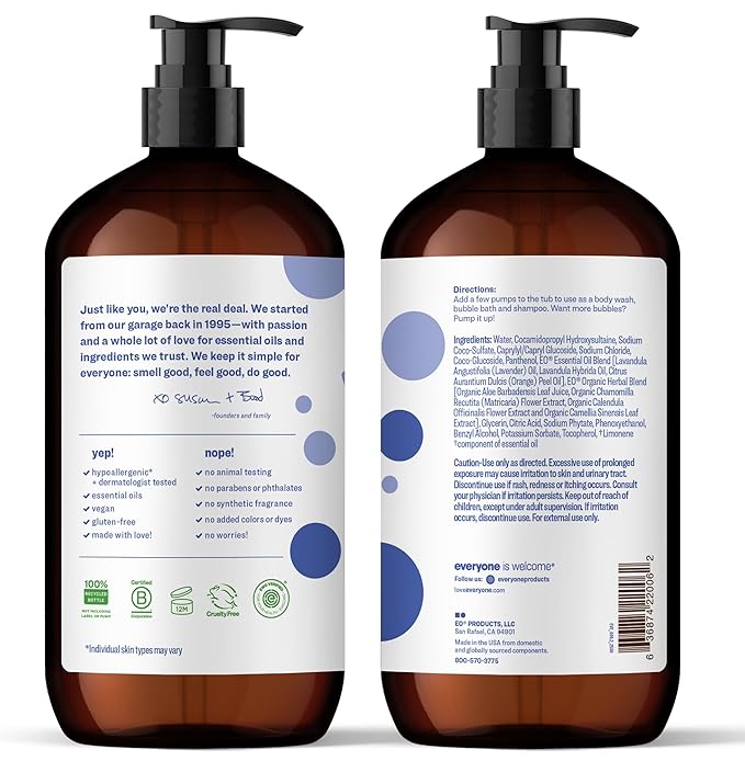 Everyone 3-in-1 Kids Soap Body Wash Bubble Bath Shampoo 32 Ounce (Pack of 2) Lavender Lullaby made with Essential Oils for Toddlers tweens and teens